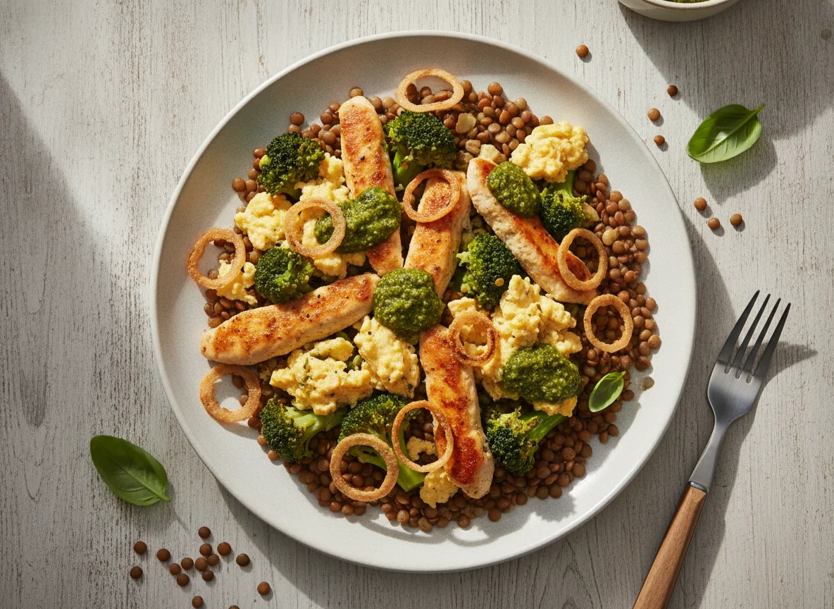Hähnchen-Brokkoli-Rührei-Mahlzeit mit Linsen photo