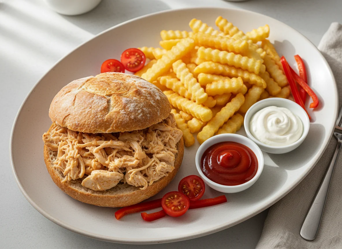 Hähnchenbrötchen mit Pommes und Beilagen photo