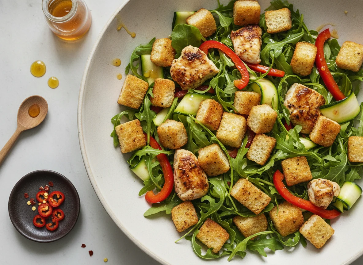 Hähnchen-Brot-Salat mit Rucola photo