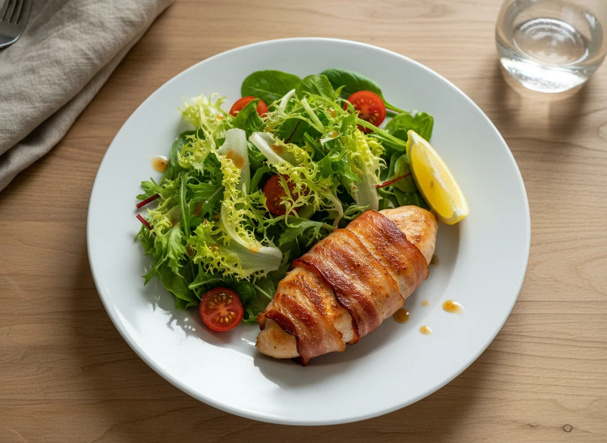 Hähnchenbrust im Speckmantel mit Salat photo