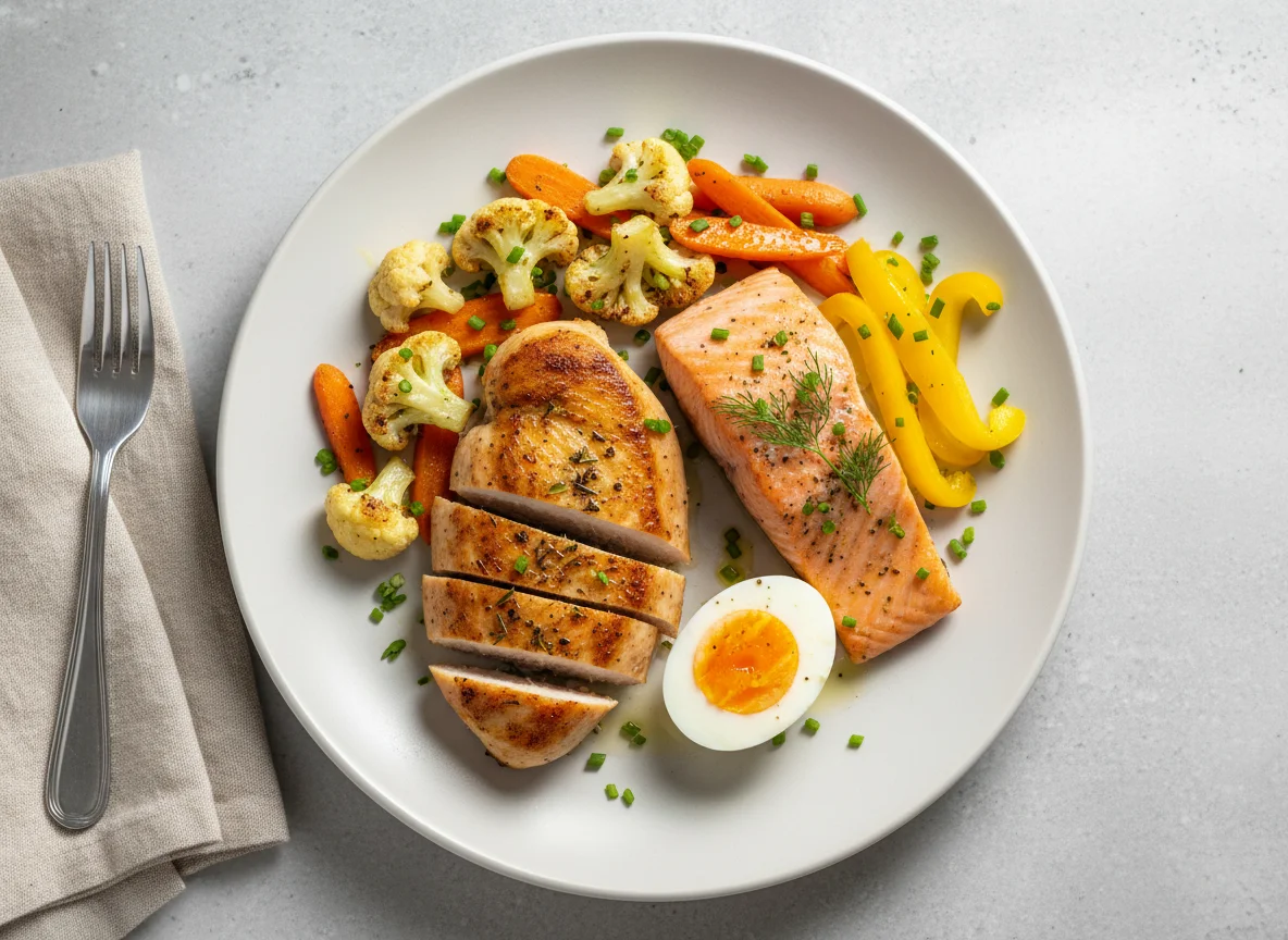 Hähnchenbrust, Lachs, Ei und Gemüse photo
