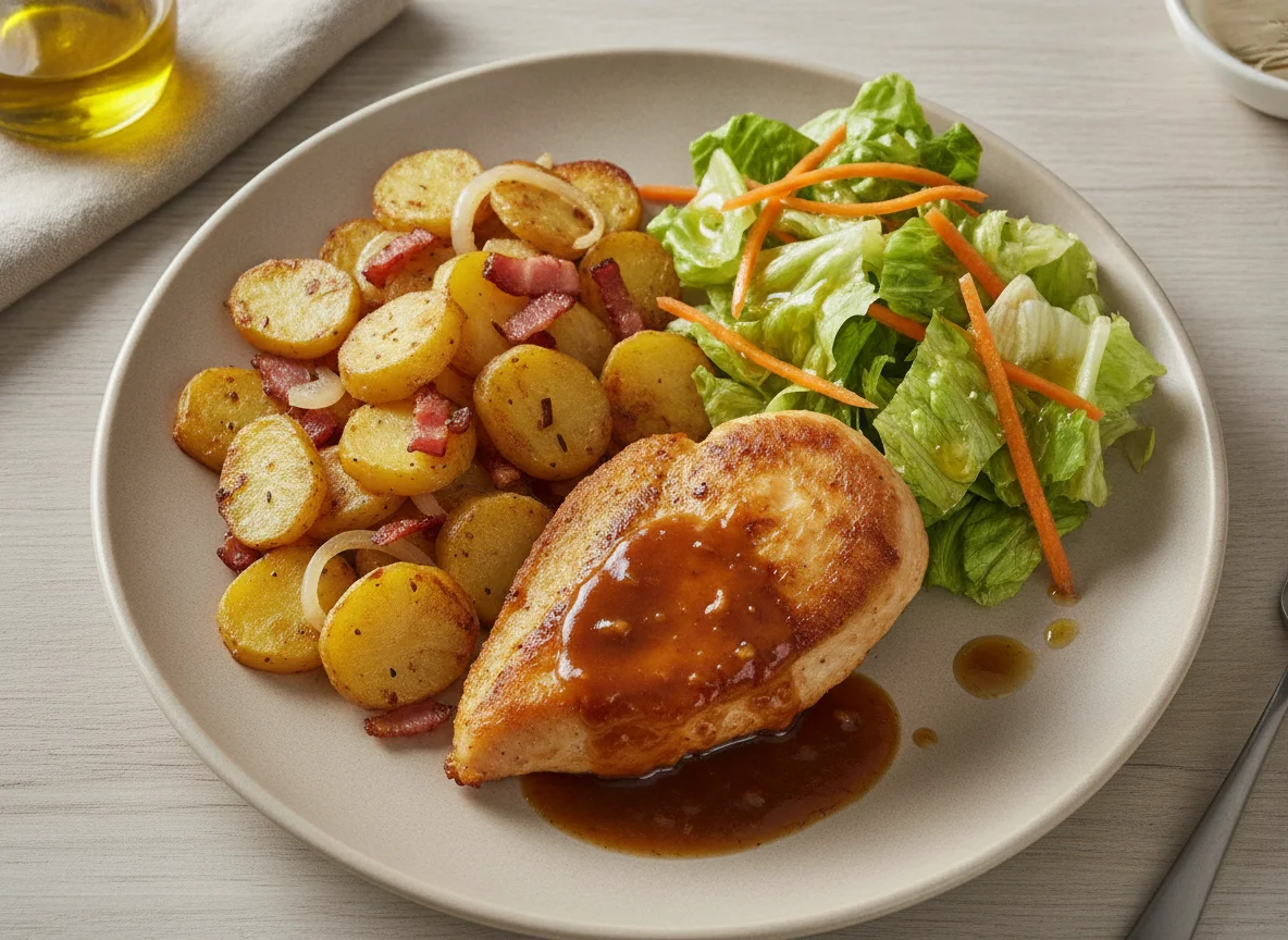 Hähnchenbrust mit Bratkartoffeln und gemischtem Salat photo