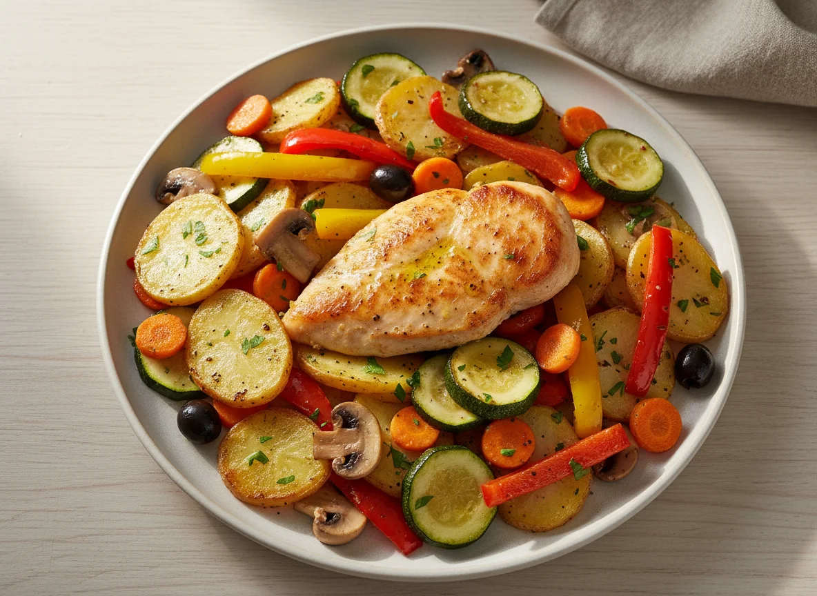 Hähnchenbrust mit Bratkartoffeln und Gemüse photo