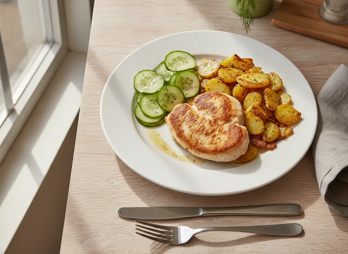 Hähnchenbrust mit Bratkartoffeln und Gurkensalat photo