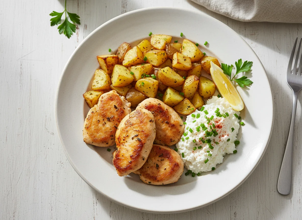 Hähnchenbrust mit Bratkartoffeln und Hüttenkäse photo