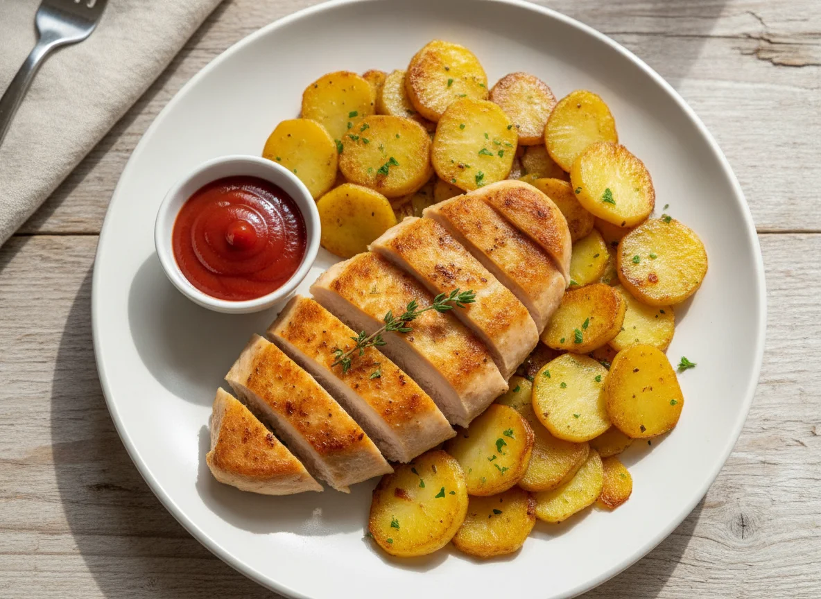 Hähnchenbrust mit Bratkartoffeln und Ketchup photo