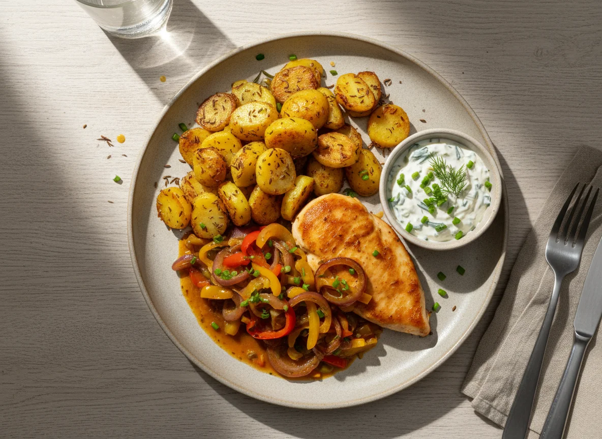 Hähnchenbrust mit Bratkartoffeln und Kräuterquark photo