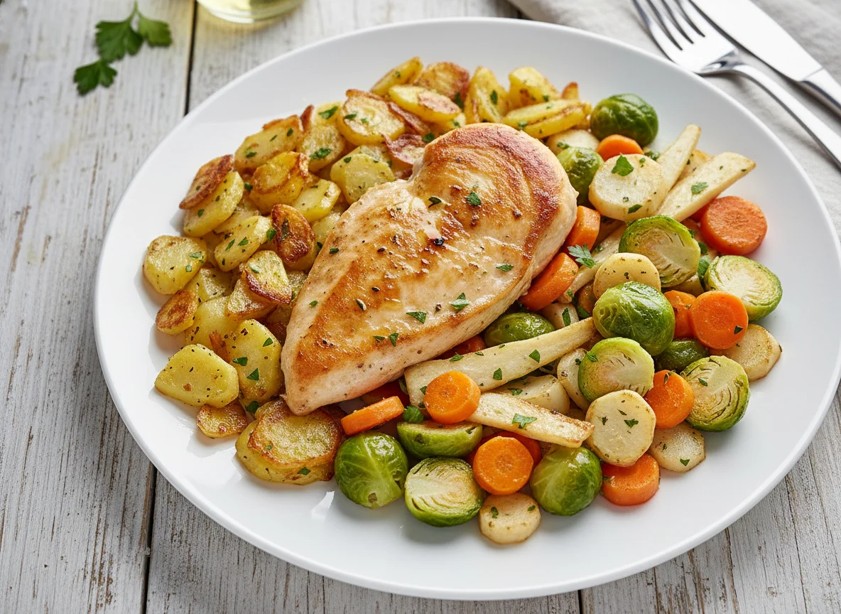 Hähnchenbrust mit Bratkartoffeln und Mischgemüse photo