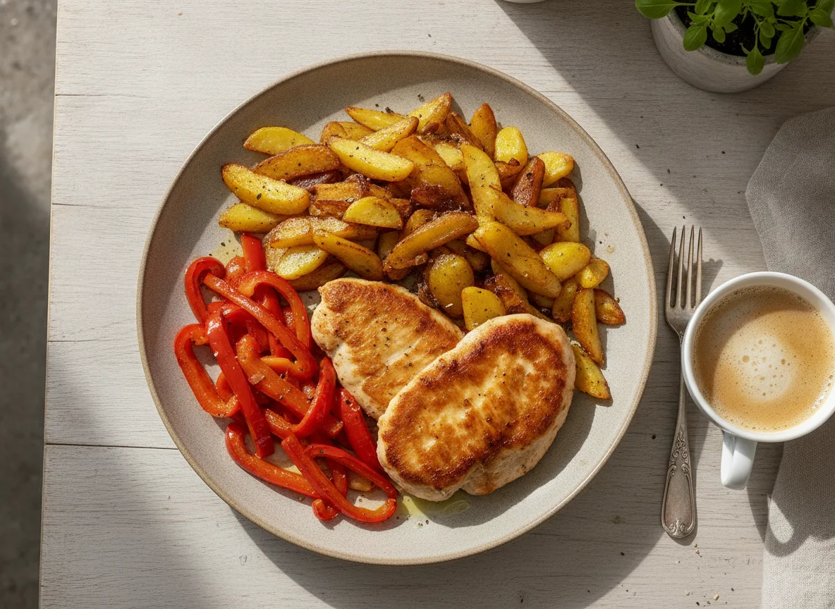 Hähnchenbrust mit Bratkartoffeln und Paprika photo