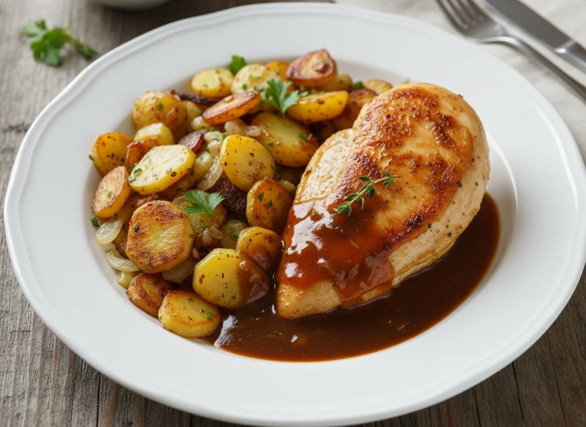 Hähnchenbrust mit Bratkartoffeln und Sauce photo
