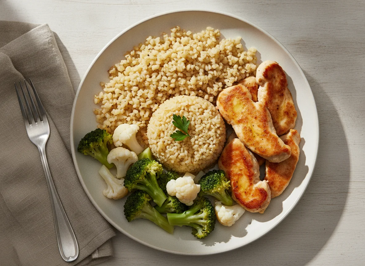 Hähnchenbrust mit Bulgur, Brokkoli und Blumenkohl photo