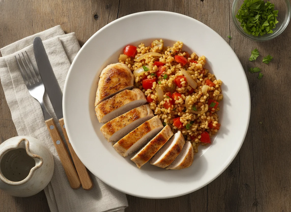 Hähnchenbrust mit Bulgur-Gemüse-Pfanne photo