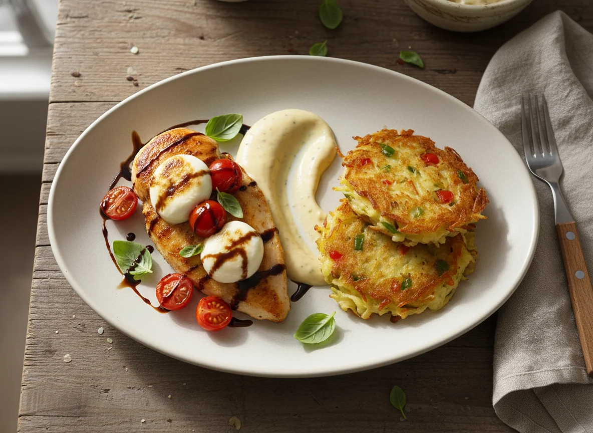 Hähnchenbrust mit Caprese, Kartoffelpuffer und Sauce photo