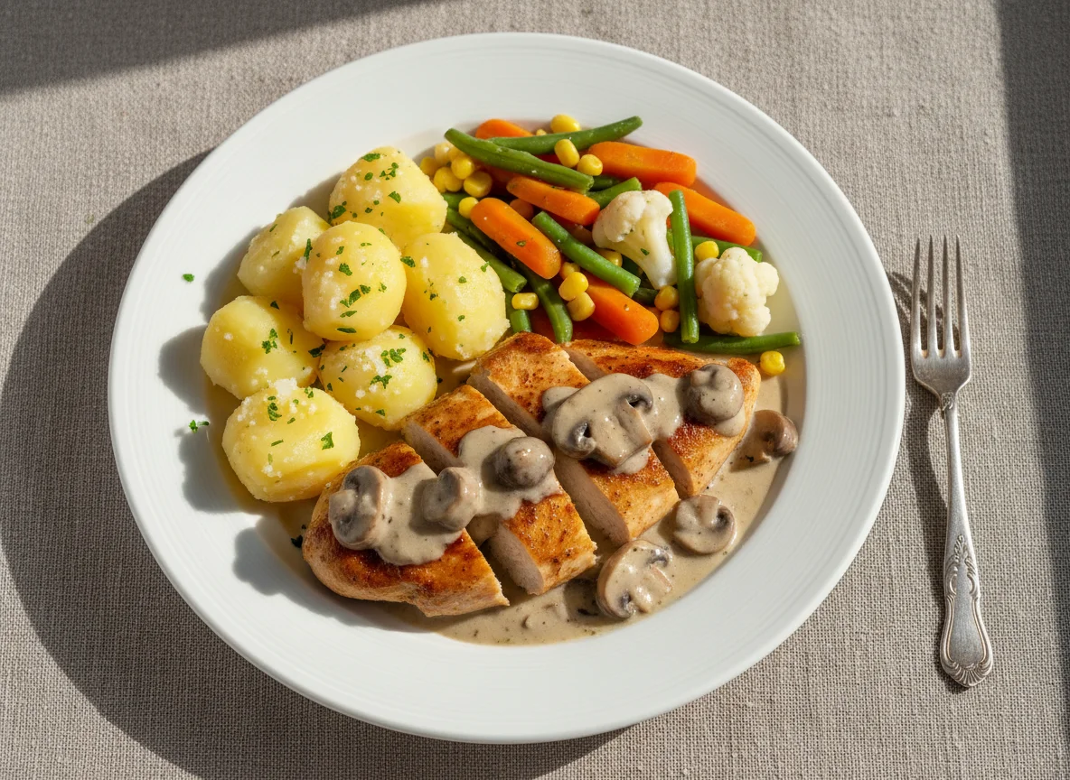 Hähnchenbrust mit Champignonsauce, Salzkartoffeln und Mischgemüse photo