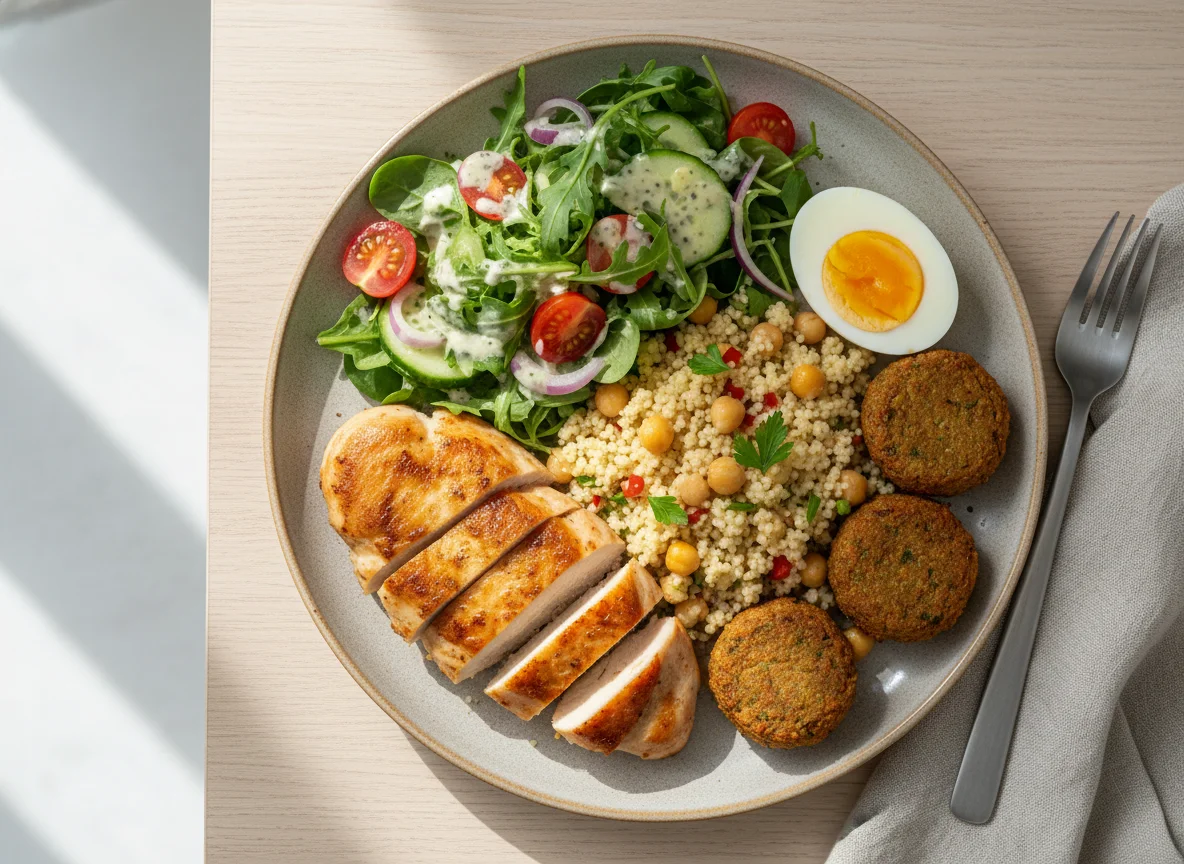 Hähnchenbrust mit Couscous, Falafel, Salat und Ei photo
