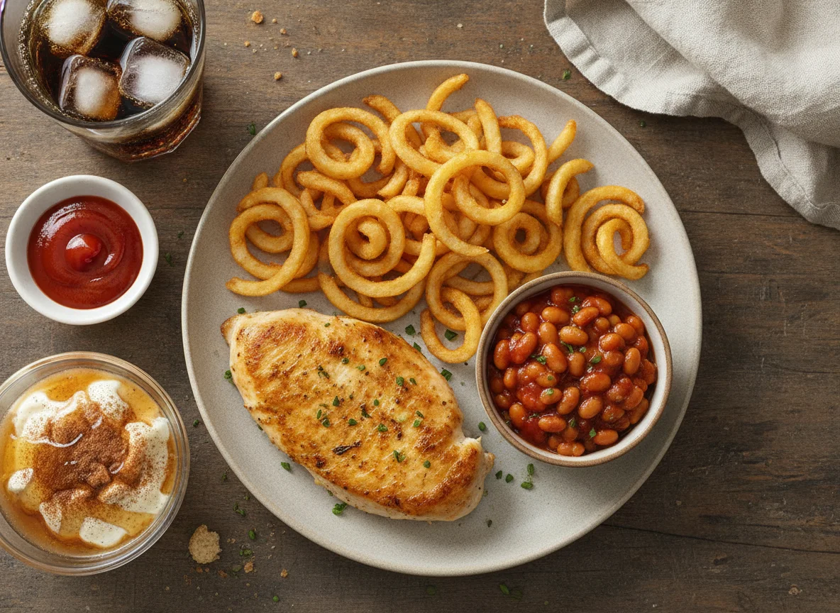 Hähnchenbrust mit Curly Fries, Bohnen und Dessert photo