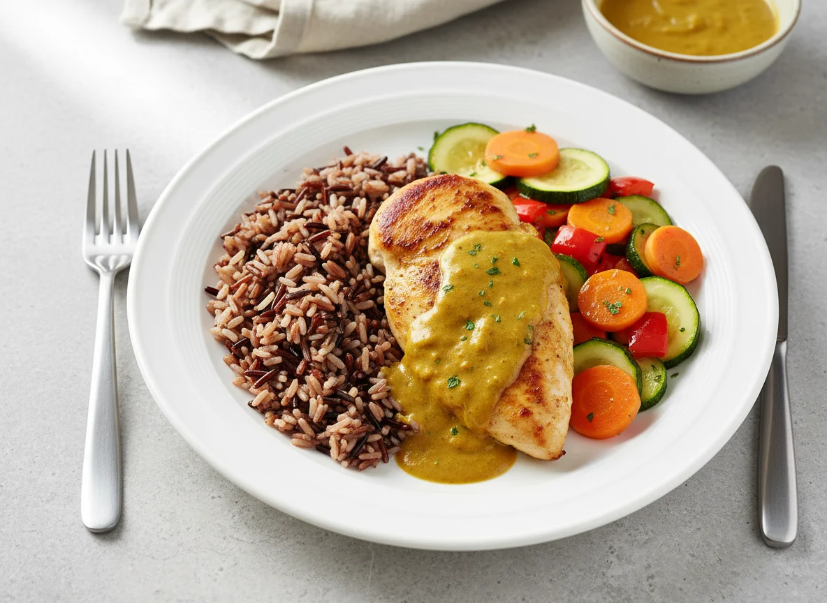 Hähnchenbrust mit Curry-Sauce, Wildreis-Mischung und gedünstetem Gemüse photo