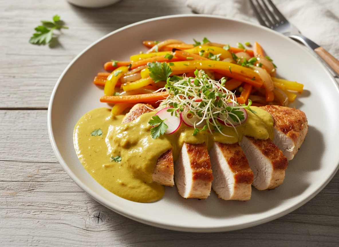 Hähnchenbrust mit Currysoße und Gemüse photo