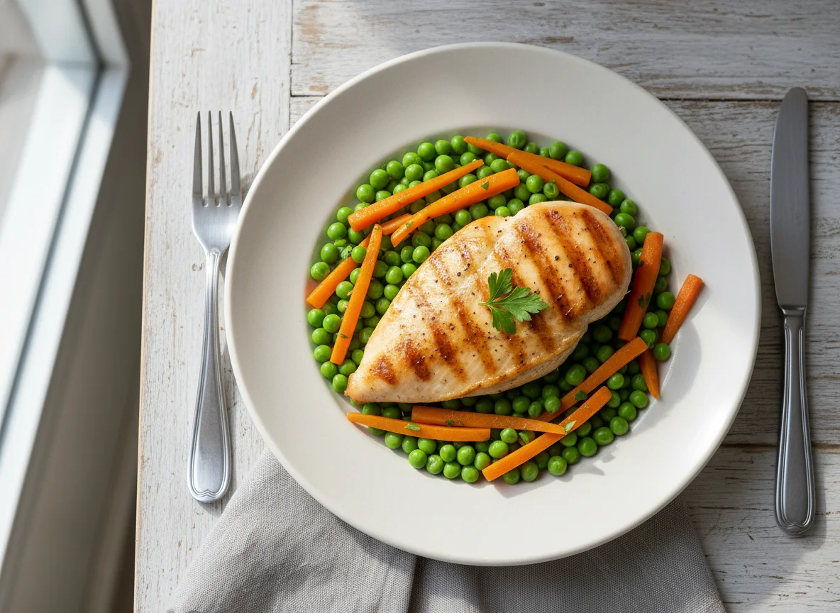 Hähnchenbrust mit Erbsen und Karotten photo