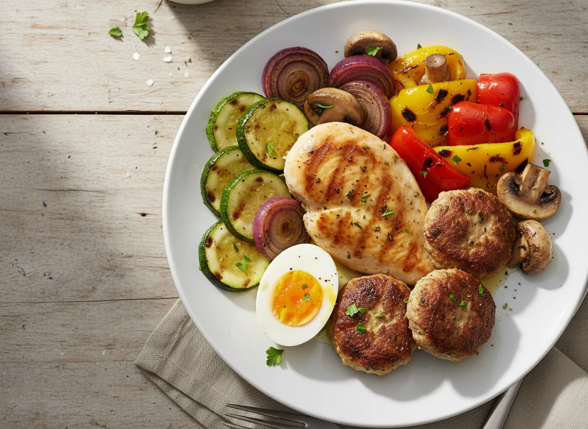 Hähnchenbrust mit Frikadellen, Ei und Grillgemüse photo