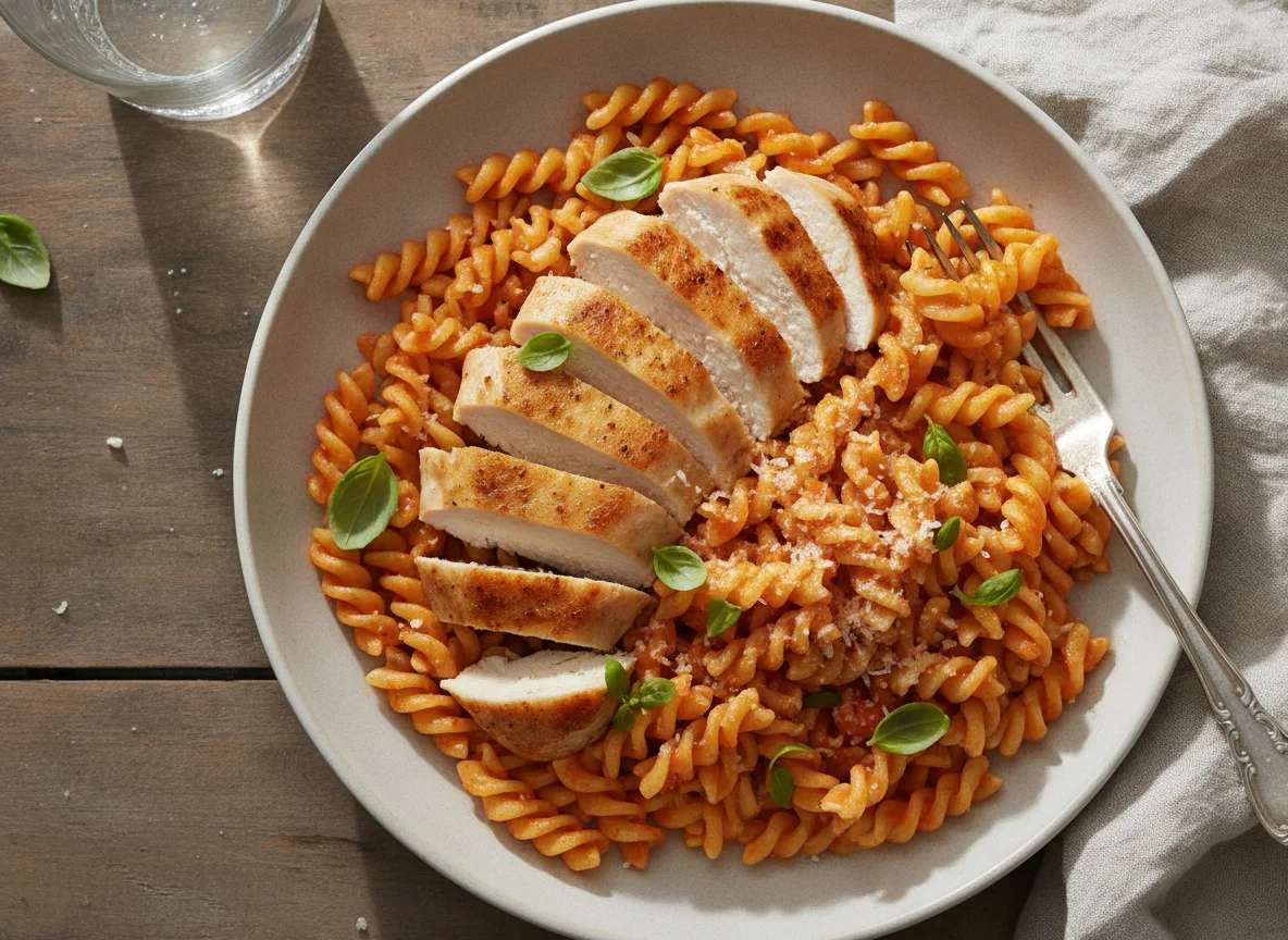 Hähnchenbrust mit Fusilli in Tomatensauce photo