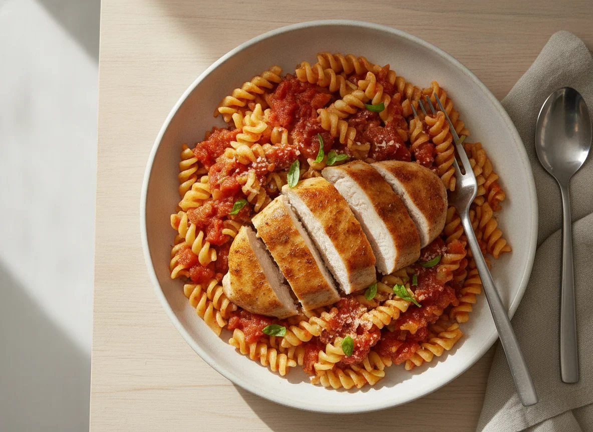 Hähnchenbrust mit Fusilli und Tomatensauce photo