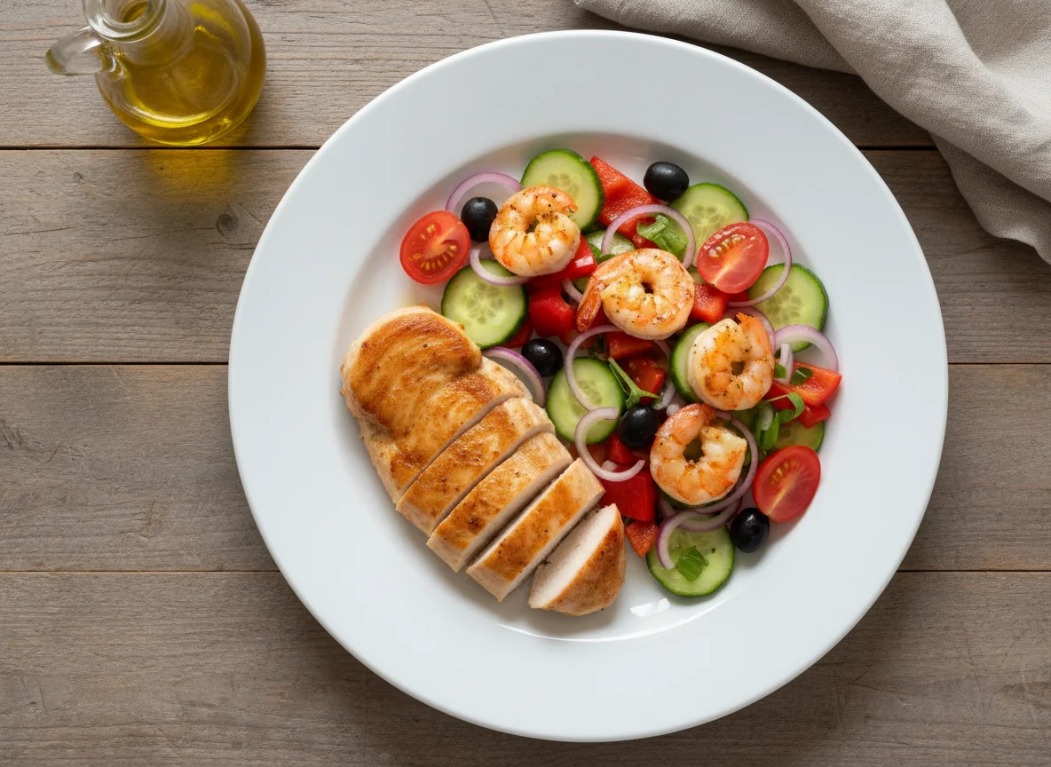 Hähnchenbrust mit Garnelen-Gemüse-Salat photo