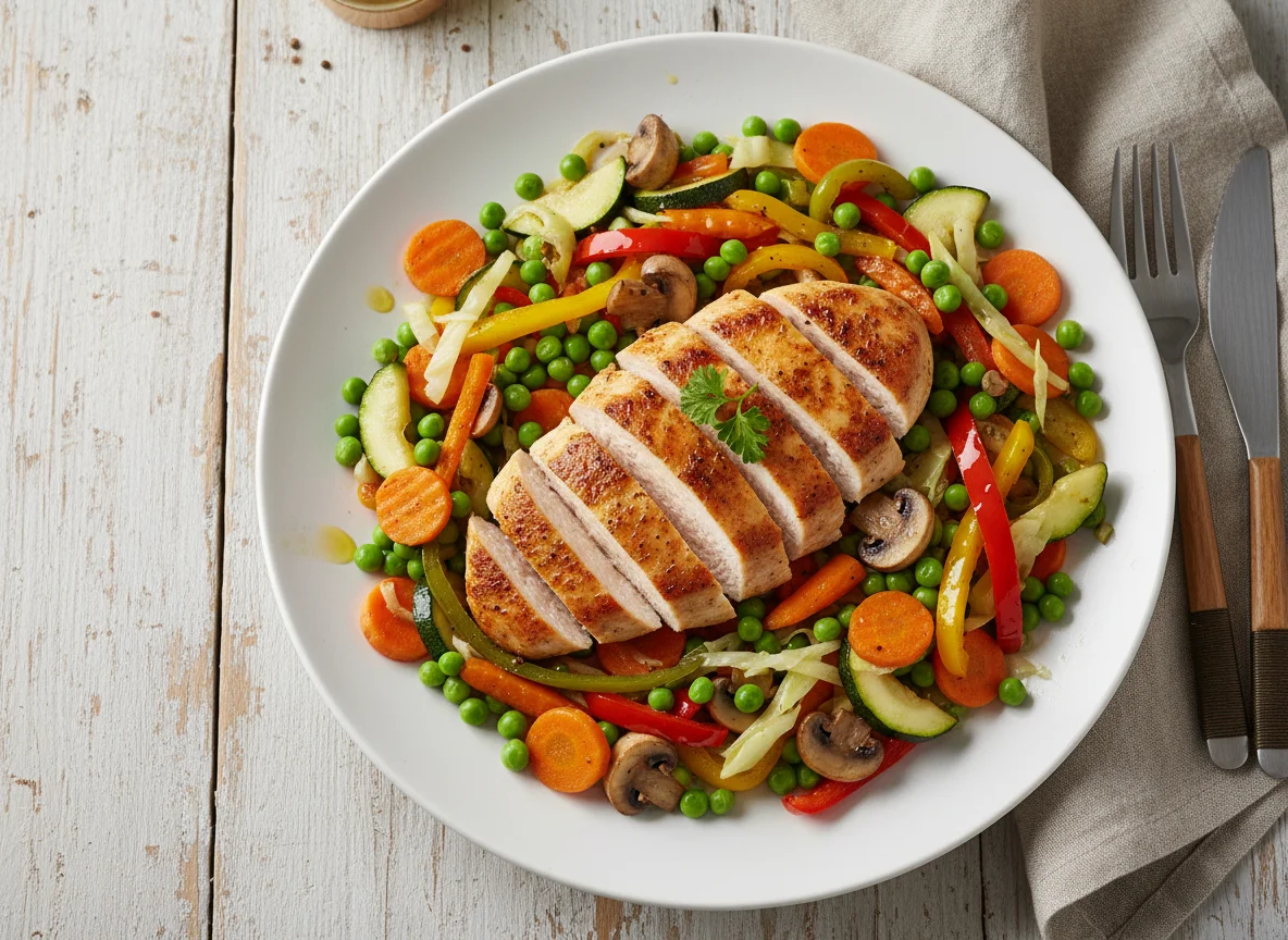 Hähnchenbrust mit gebratenem Gemüse photo