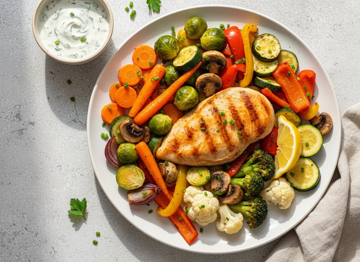 Hähnchenbrust mit gebratenem Gemüse und Dip photo
