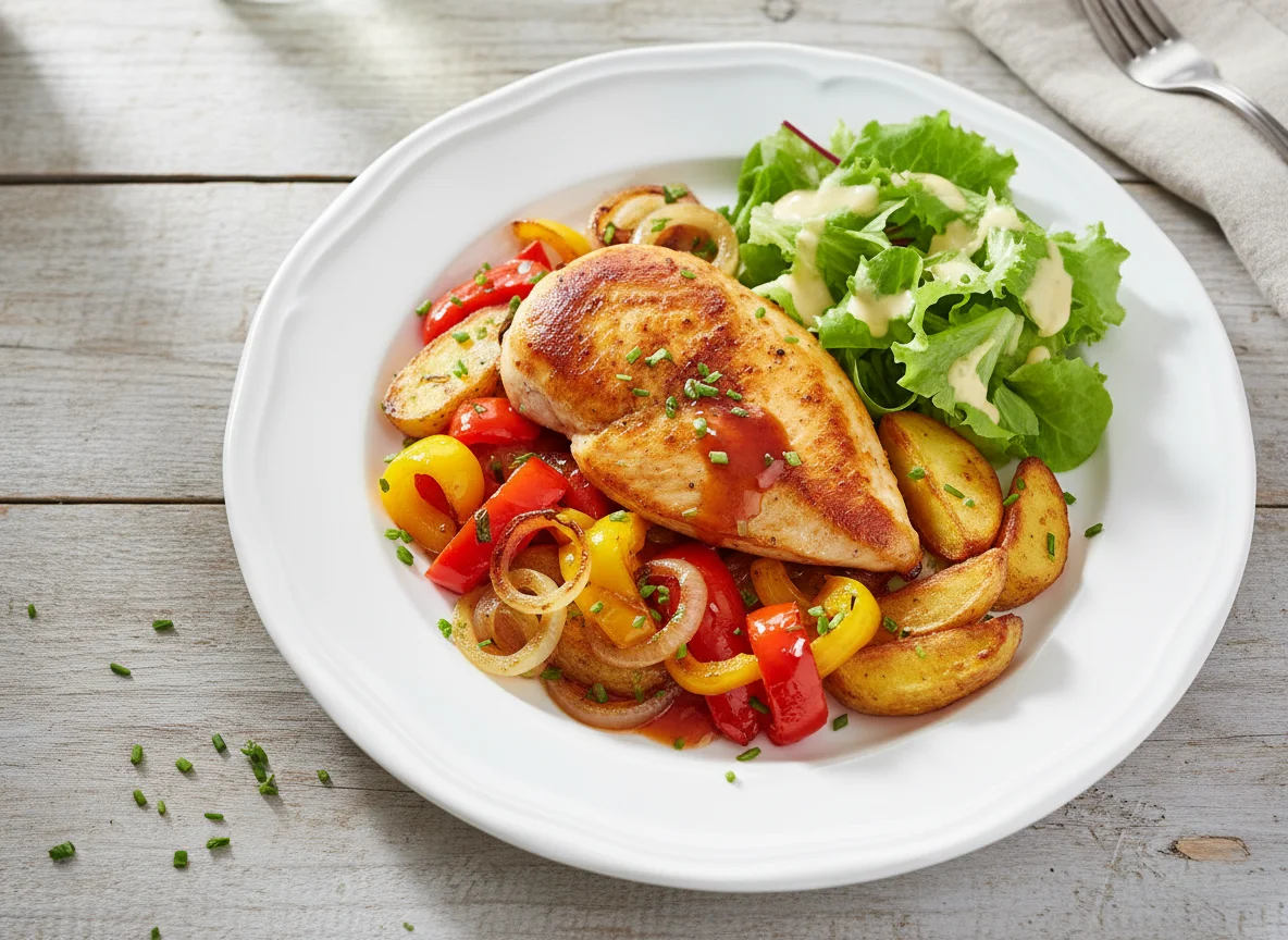 Hähnchenbrust mit gebratenem Gemüse und Kartoffeln photo