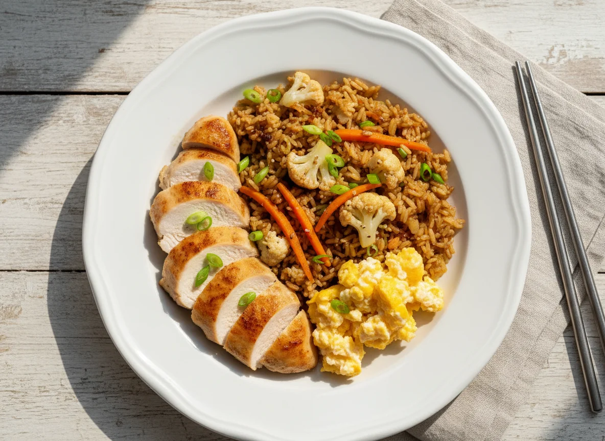 Hähnchenbrust mit gebratenem Reis und Rührei photo