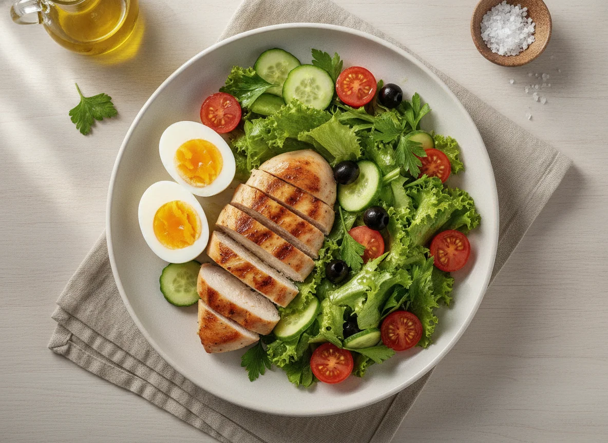 Hähnchenbrust mit gekochten Eiern und gemischtem Salat photo
