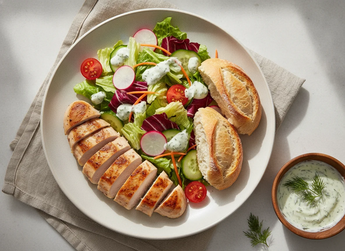 Hähnchenbrust mit gemischtem Salat und Baguette photo