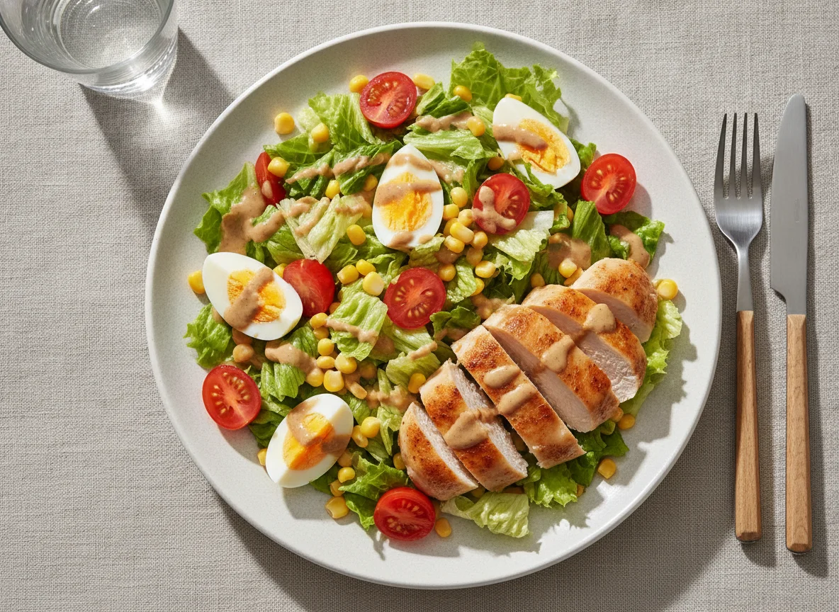 Hähnchenbrust mit gemischtem Salat und Ei photo