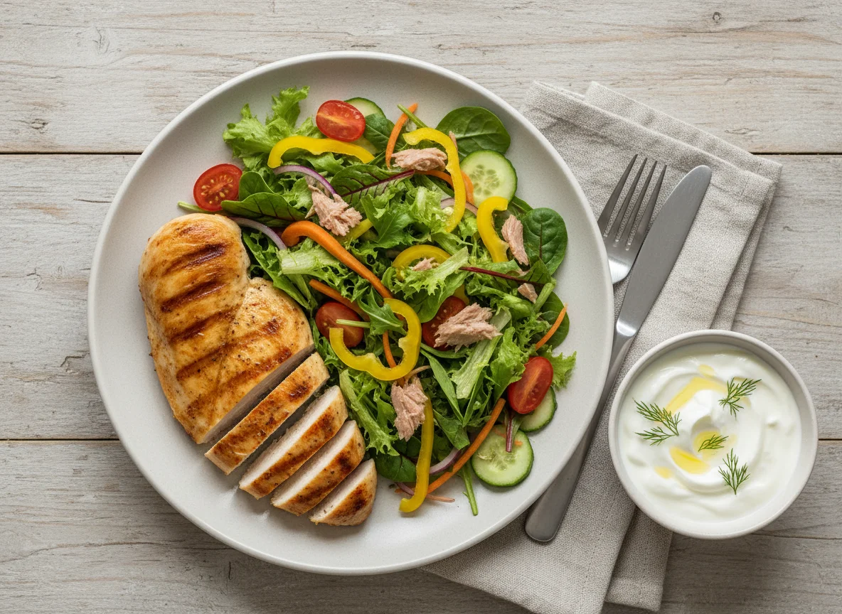 Hähnchenbrust mit gemischtem Salat und Joghurt photo