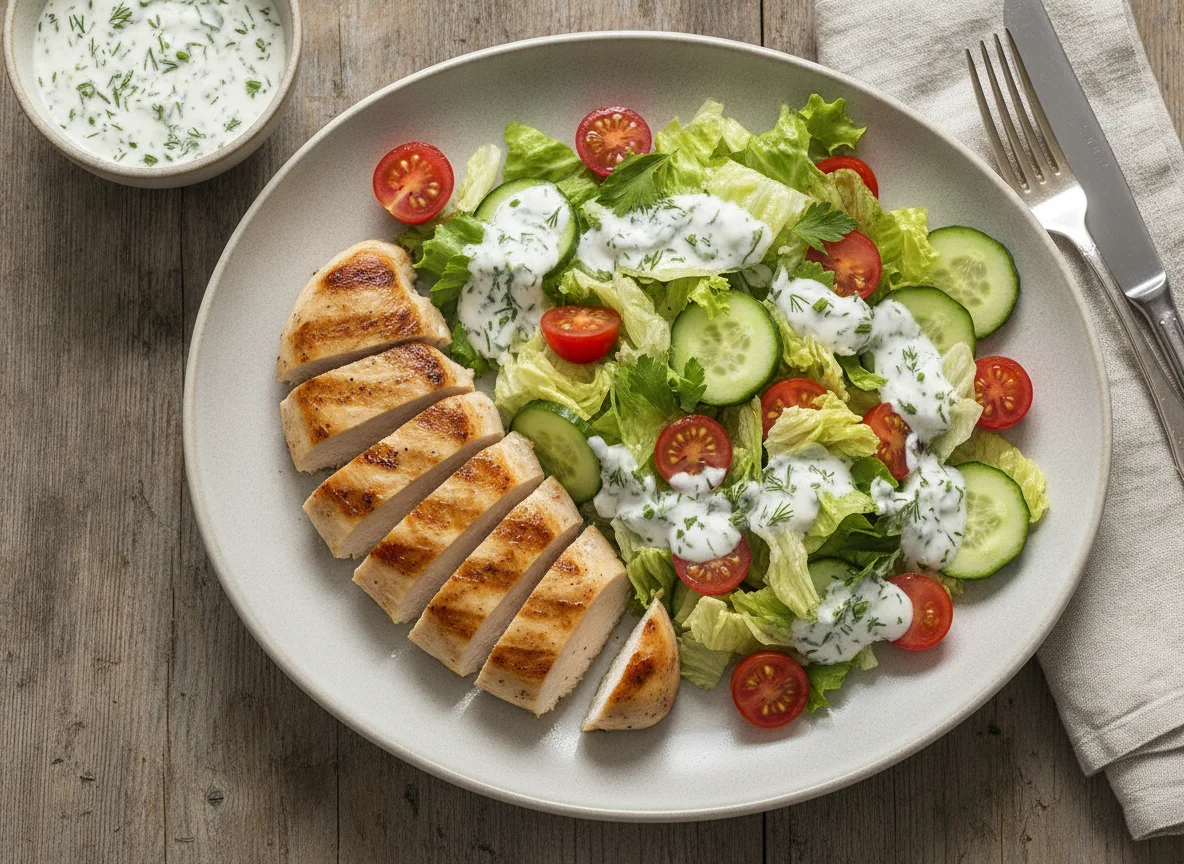 Hähnchenbrust mit gemischtem Salat und Joghurtdressing photo