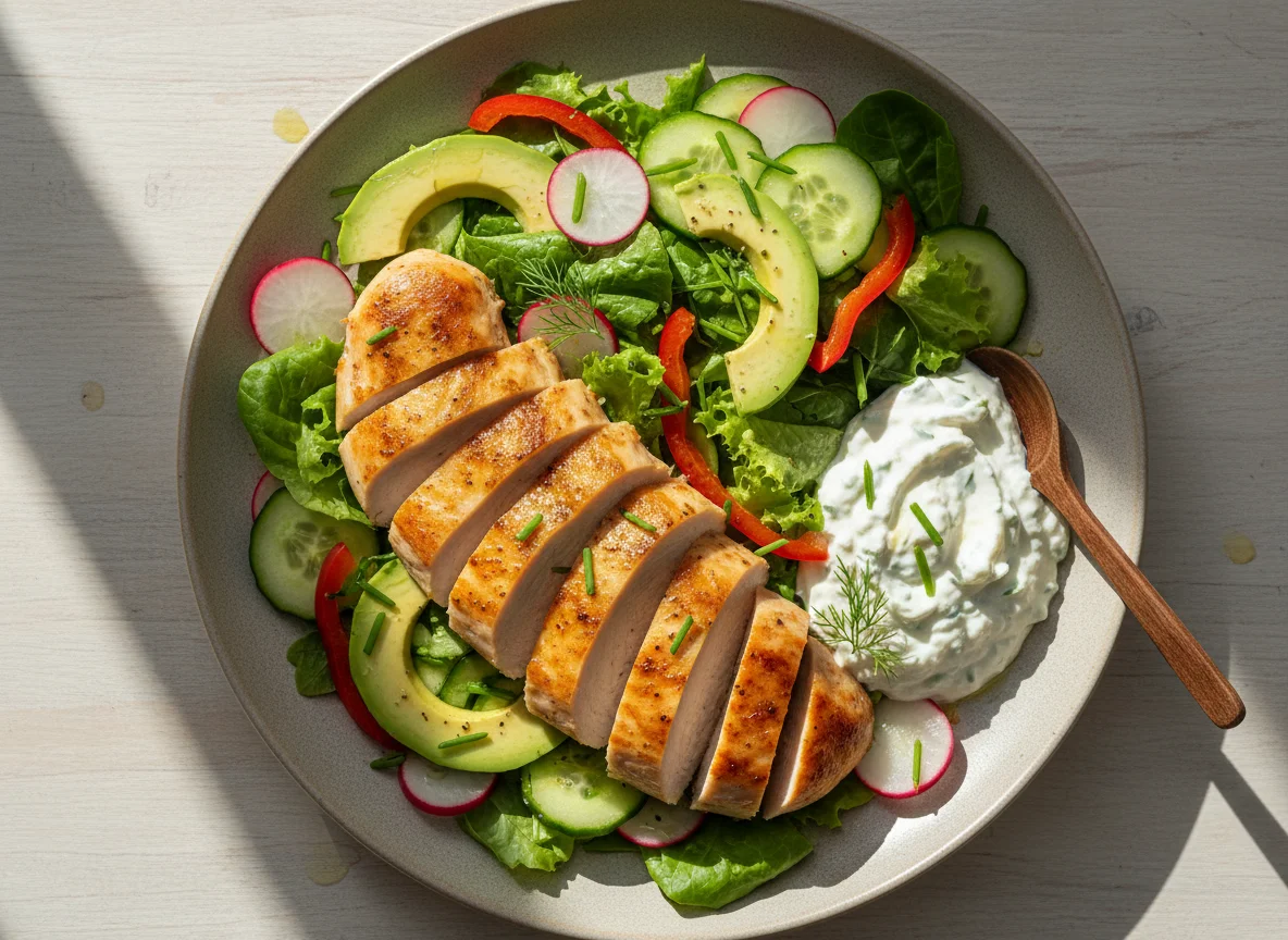 Hähnchenbrust mit gemischtem Salat und Quarkdip photo