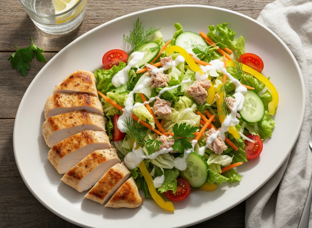 Hähnchenbrust mit gemischtem Salat und Thunfisch photo