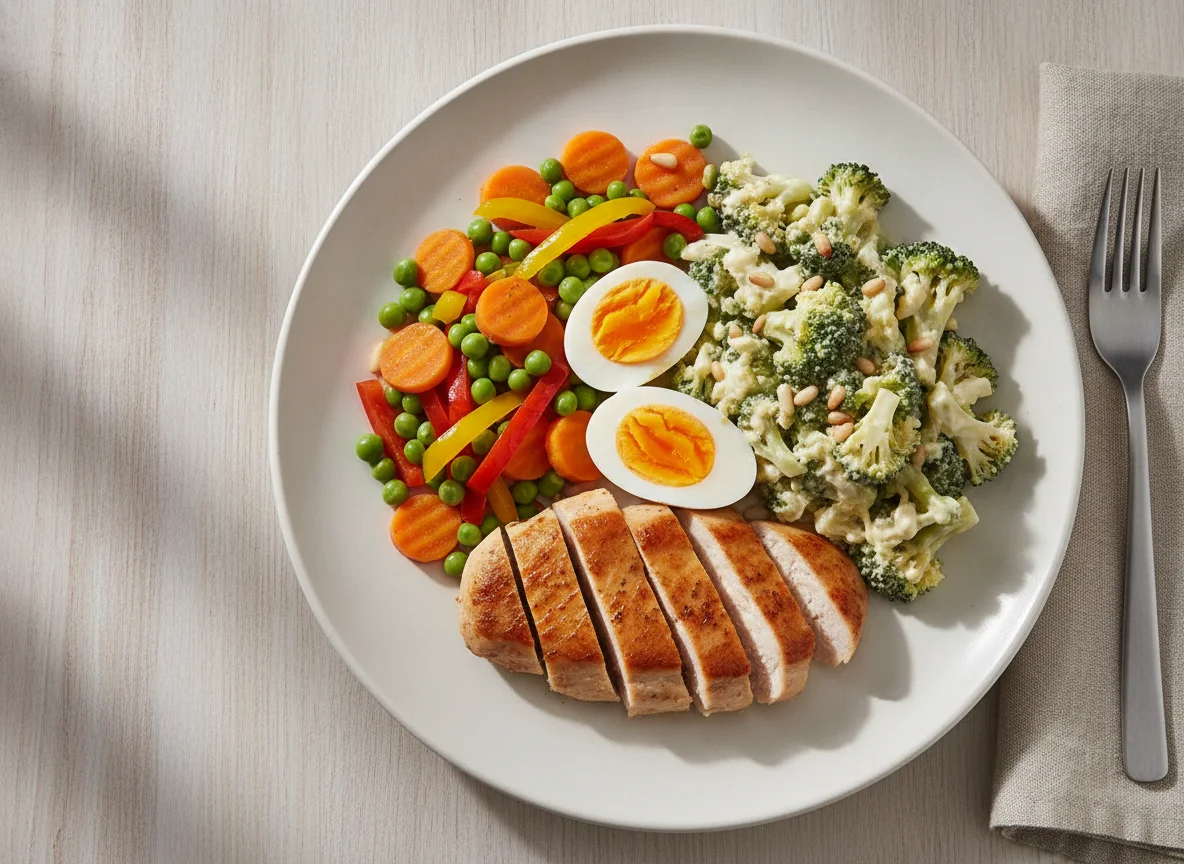 Hähnchenbrust mit Gemüse, Eiern und Brokkolisalat photo