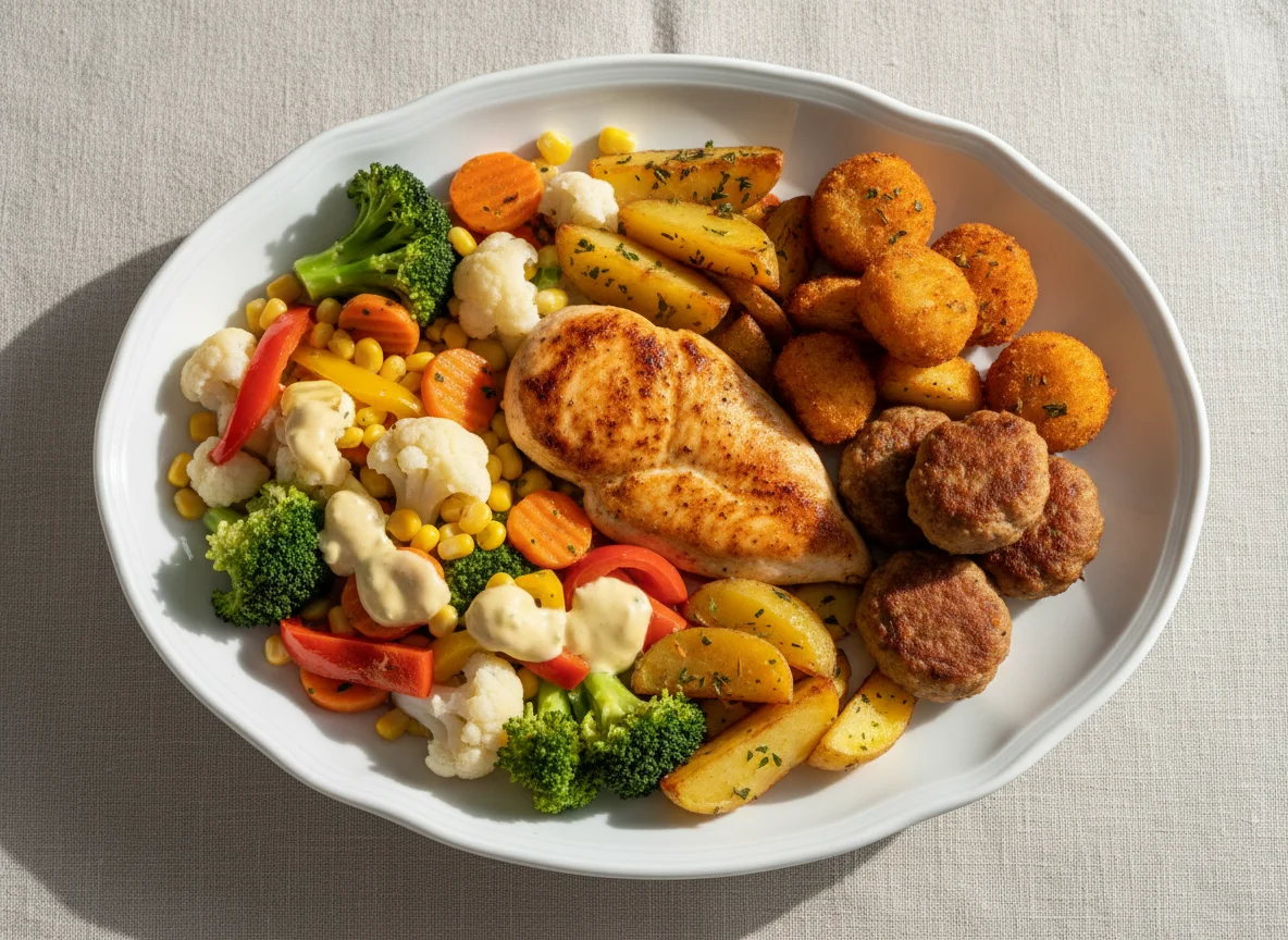 Hähnchenbrust mit Gemüse, Kartoffeln, Kroketten und Frikadellen photo