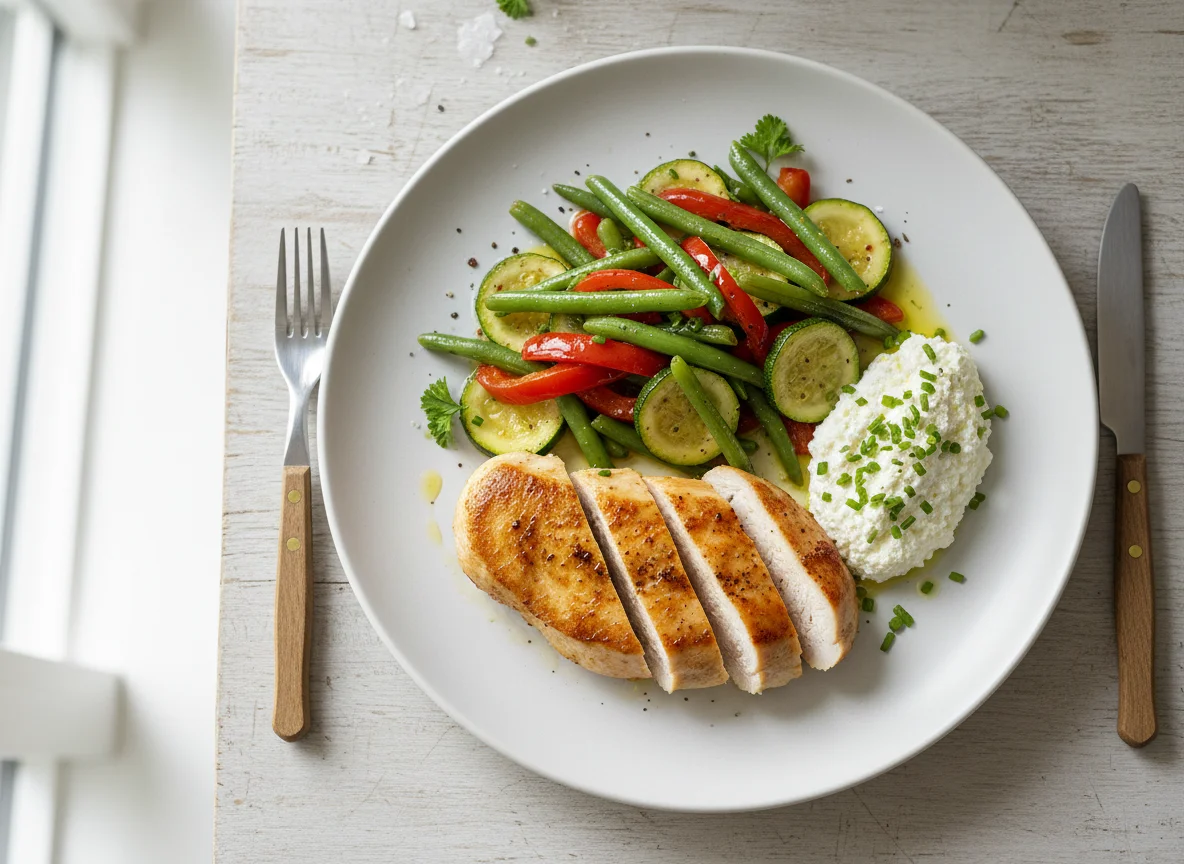 Hähnchenbrust mit Gemüse und Hüttenkäse photo