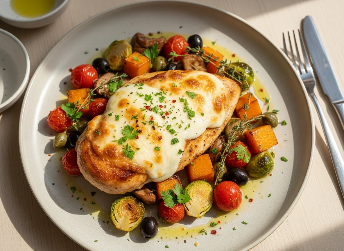 Hähnchenbrust mit Gemüse und Käse photo