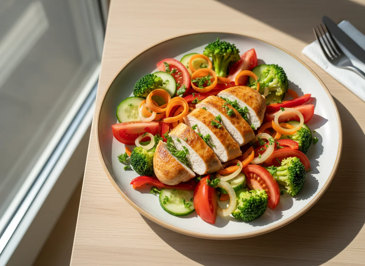 Hähnchenbrust mit Gemüse und Salat photo