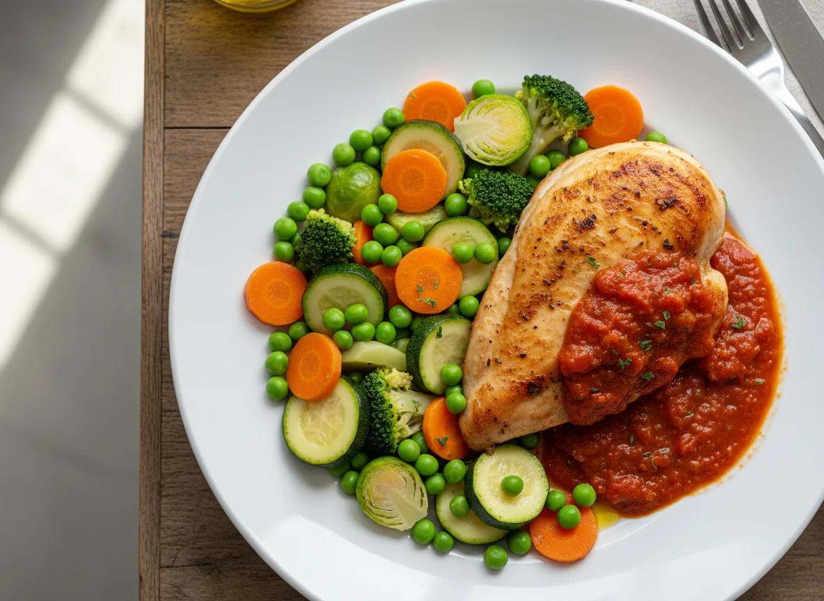 Hähnchenbrust mit Gemüsemix und Tomatensauce photo