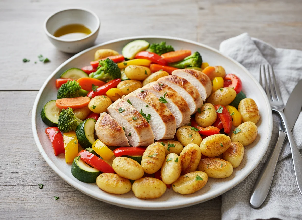 Hähnchenbrust mit Gnocchi und Gemüse photo