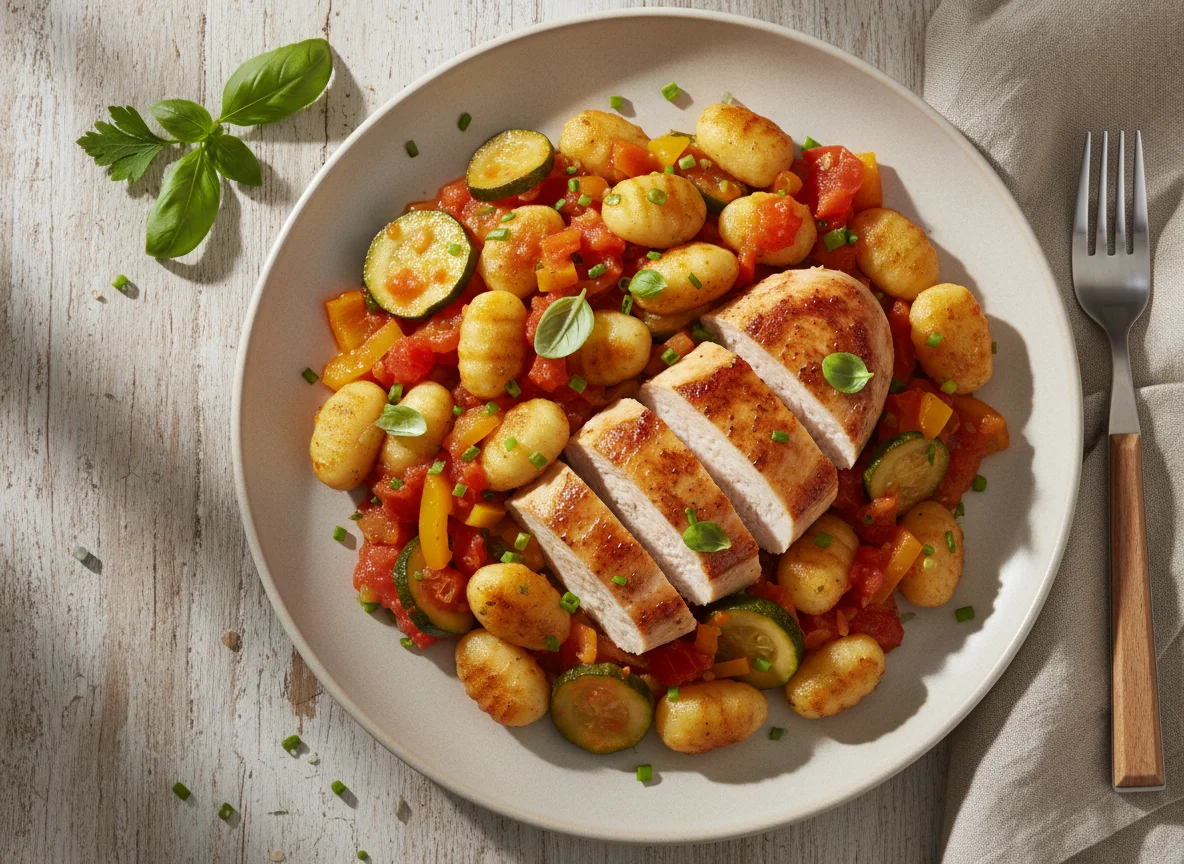 Hähnchenbrust mit Gnocchi und Gemüsesauce photo