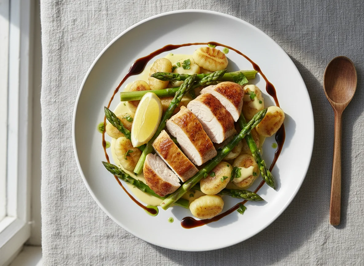 Hähnchenbrust mit Gnocchi und Spargel photo