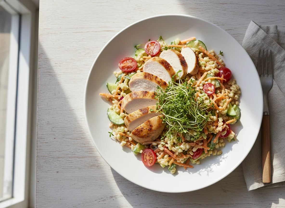 Hähnchenbrust mit Graupen-Gemüse-Salat photo