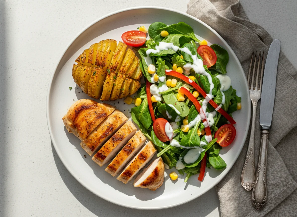 Hähnchenbrust mit Hasselback-Kartoffel und Salat photo