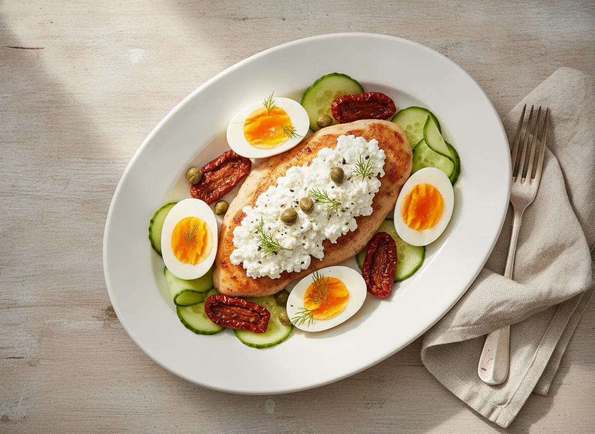 Hähnchenbrust mit Hüttenkäse, Gurke, getrockneten Tomaten und Ei photo
